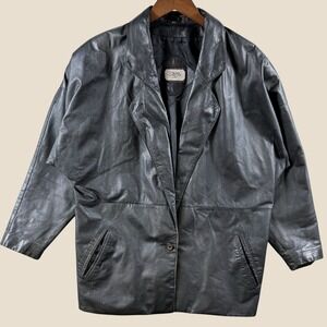 Vintage Toffs Leather Jacket Womens M Black‎ Oversized 80s Retro Blazer Coat